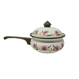 Normandy Taiwan Vintage Lily Floral Enamel Saucepan Lid Brass Handle White Pink